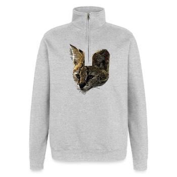 Toile Serval, grands félins, motifs animaliers - Sweat à zip 1/4 - gris chiné - Devant - AI Model Female 172 light (172cm) & AI Model Male 178 dark (178cm)