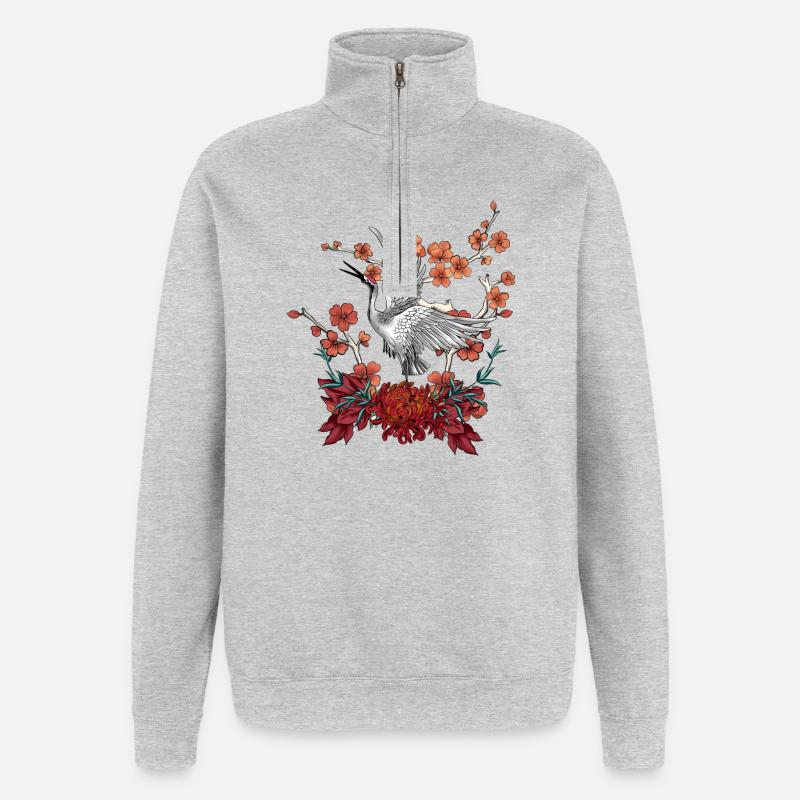 Belle grue avec des fleurs - Sweat à zip 1/4 - gris chiné