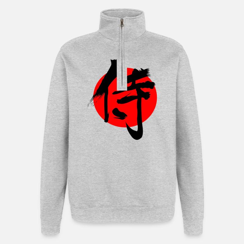 Samouraï en kanji japonais rouge soleil - Sweat à zip 1/4 - gris chiné
