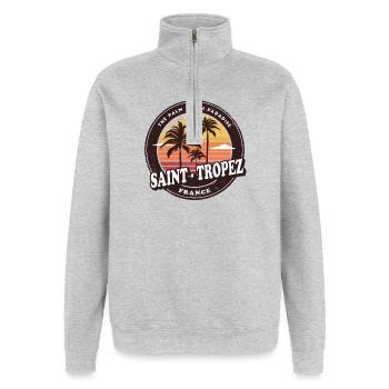 Saint-Tropez Frankreich Vintage Beach Design - Quarter-Zip-Sweatshirt - Grau meliert - Vorne - AI Model Female 172 light (172cm) & AI Model Male 178 dark (178cm)