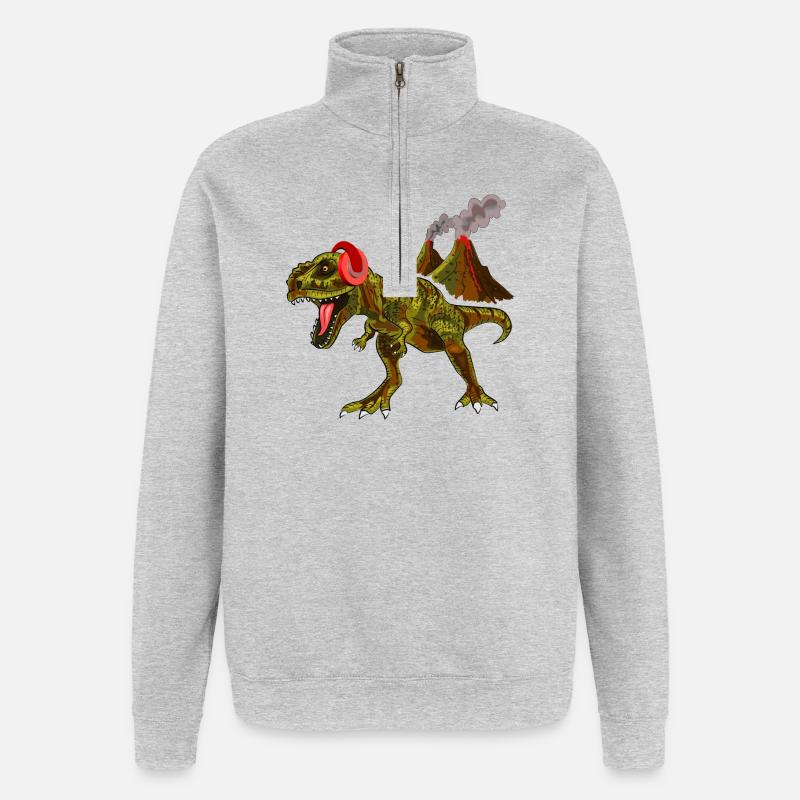 Dinosaurier mit Kopfhörern vor Vulkan - Quarter-Zip-Sweatshirt - Grau meliert