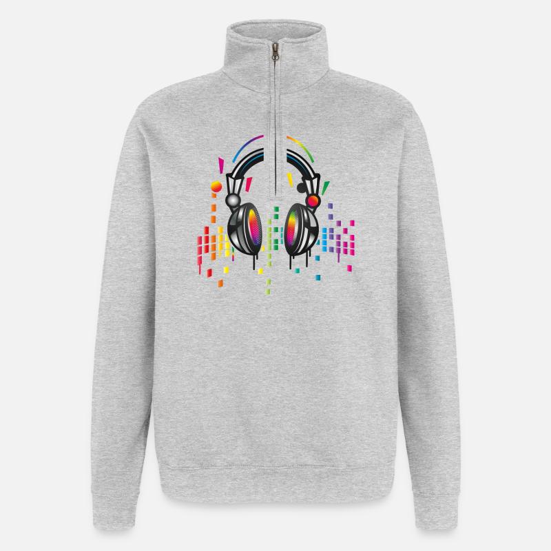 Kopfhörer mit bunter Equalizer Zeichnung - Quarter-Zip-Sweatshirt - Grau meliert
