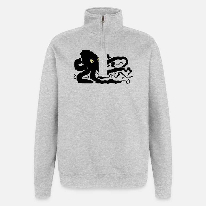 Pieuvre pixel 8 bits - Sweat à zip 1/4 - gris chiné