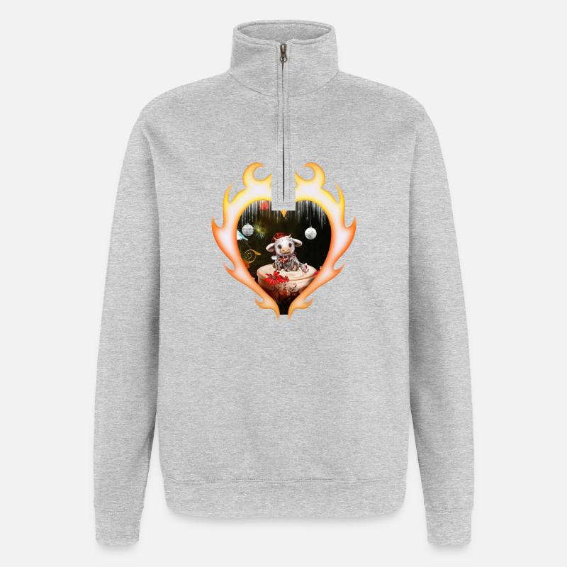 Süße Weihnachtskuh mit Vogel - Quarter-Zip-Sweatshirt - Grau meliert