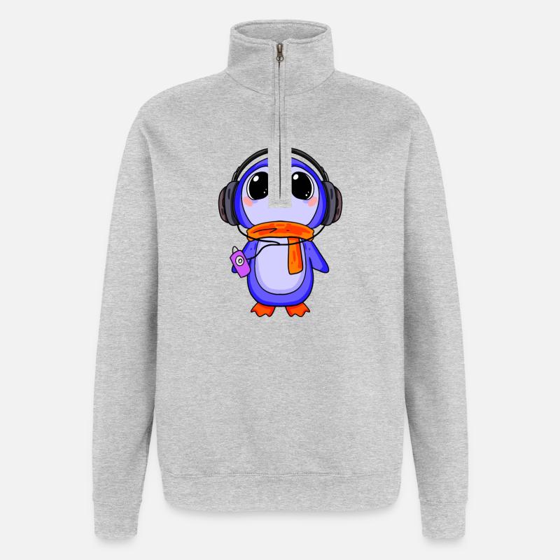 Penguin écoute de la musique - Sweat à zip 1/4 - gris chiné