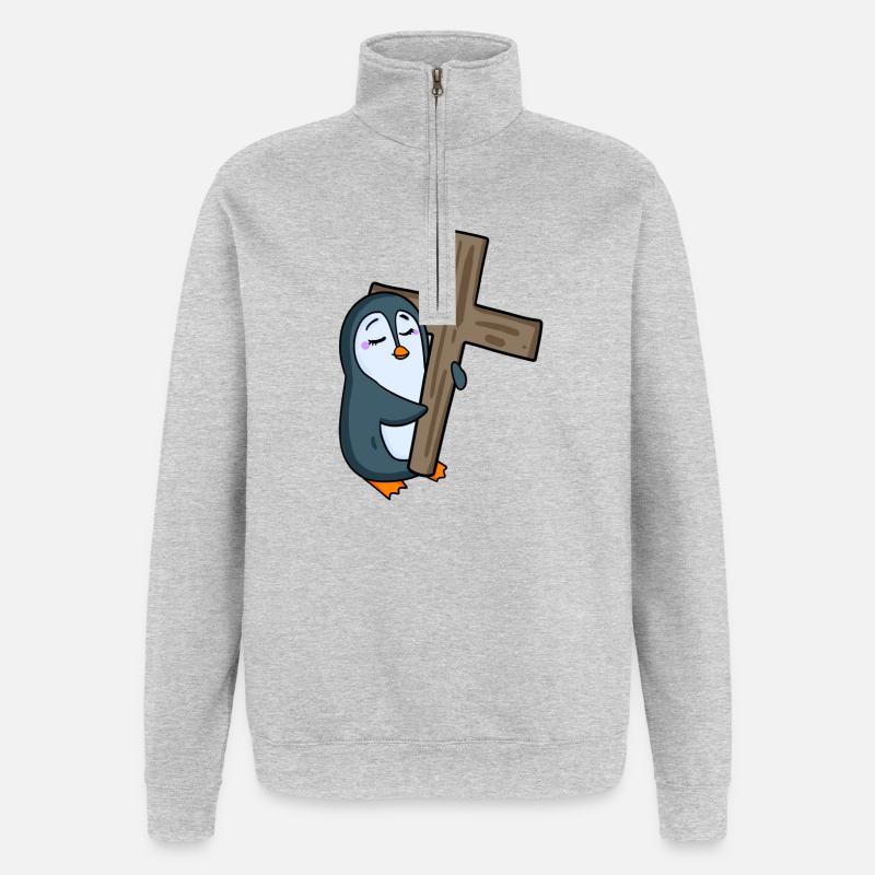 Pingouin avec croix - Sweat à zip 1/4 - gris chiné