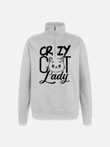 Fille folle de chat - Sweat à zip 1/4 - gris chiné