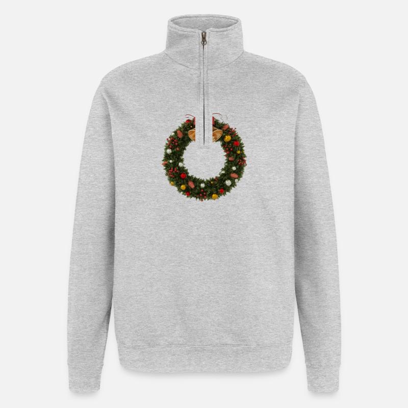 Weihnachtskranz mit Glocken und Schleife - Quarter-Zip-Sweatshirt - Grau meliert