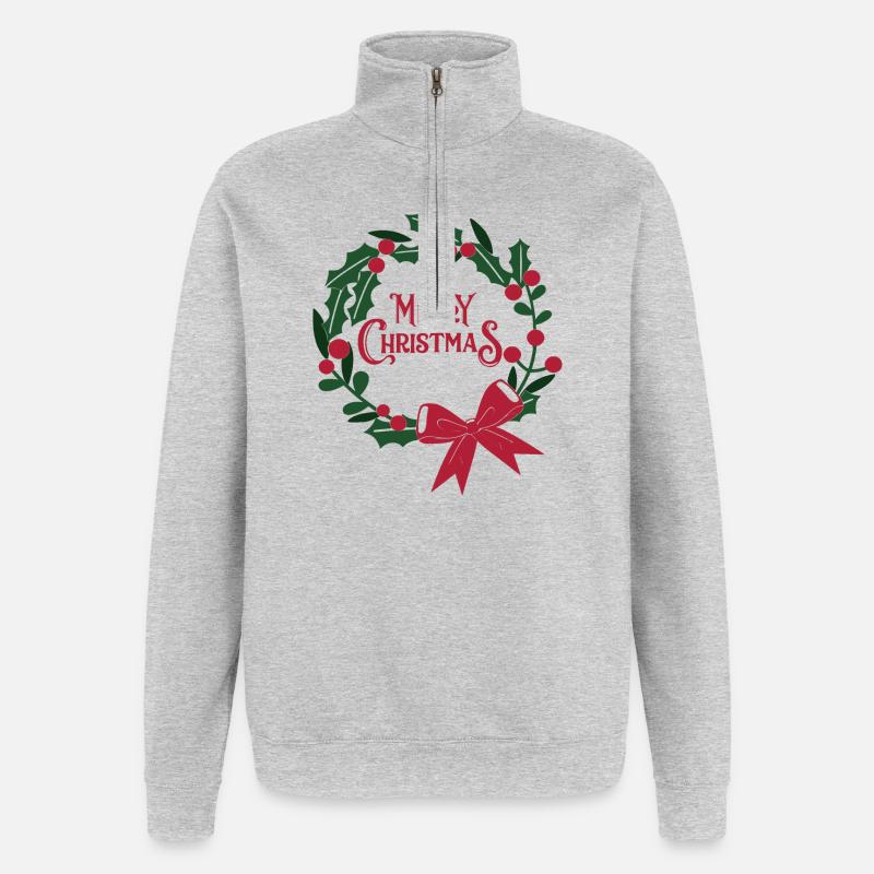 Weihnachtskranz mit roter Schleife - Quarter-Zip-Sweatshirt - Grau meliert