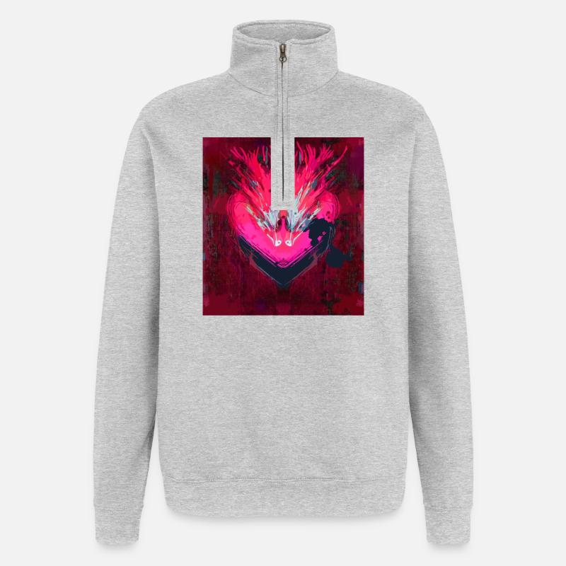 Neon Herz im Dunkelrot - Quarter-Zip-Sweatshirt - Grau meliert