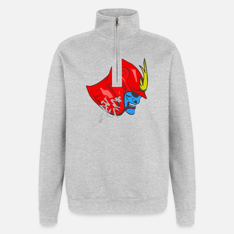 kanjimuster „Stärke“, samureihelm - Quarter-Zip-Sweatshirt - Grau meliert