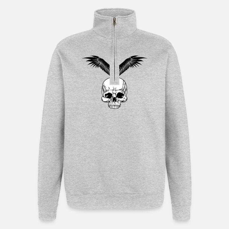 Crâne avec corbeau - Sweat à zip 1/4 - gris chiné