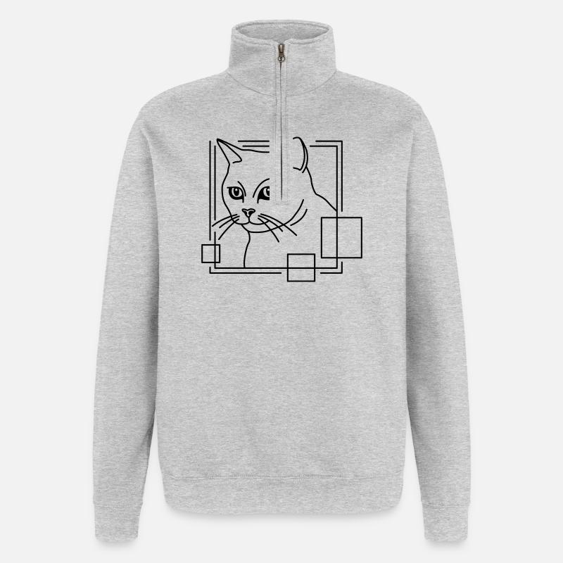 Katze in geometrischer Form - Line-Art-Design - Quarter-Zip-Sweatshirt - Grau meliert