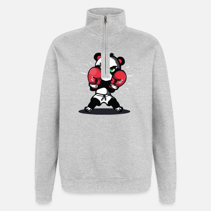 Boxender Panda im Ring - Quarter-Zip-Sweatshirt - Grau meliert
