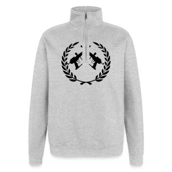 Deux pistolets de paintball croisés dans une couronne de laurier - Sweat à zip 1/4 - gris chiné - Devant - AI Model Female 172 light (172cm) & AI Model Male 178 dark (178cm)