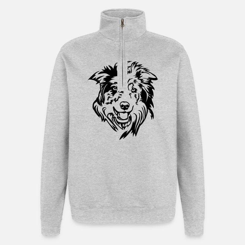 Tête de Border Collie - Sweat à zip 1/4 - gris chiné