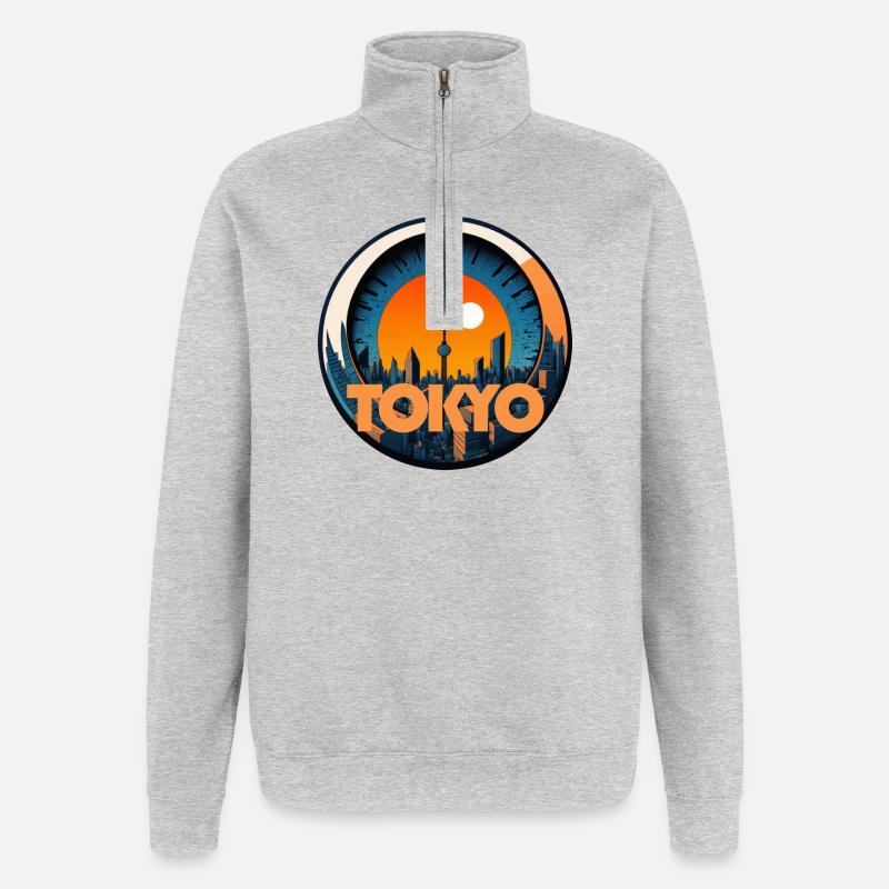 Badge Tokyo Coucher Soleil - Sweat à zip 1/4 - gris chiné