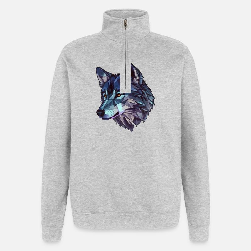 Stilisierter, geometrischer Wolf - Quarter-Zip-Sweatshirt - Grau meliert