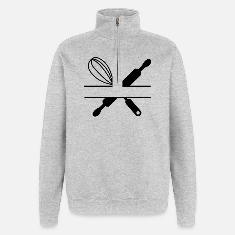 Bannertext, Nudelholz und Schneebesen - Quarter-Zip-Sweatshirt - Grau meliert
