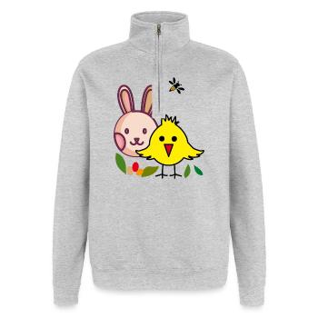 Lapin et poussin de Pâques - Sweat à zip 1/4 - gris chiné - Devant - AI Model Female 172 light (172cm) & AI Model Male 178 dark (178cm)
