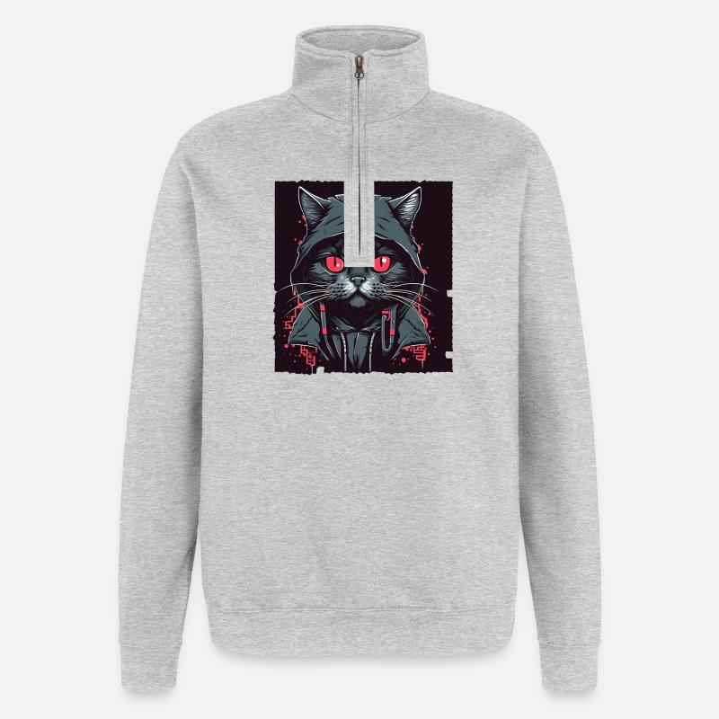 Chat hacker - Sweat à zip 1/4 - gris chiné