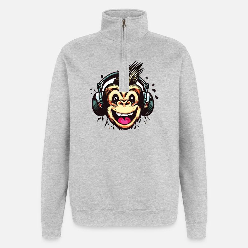 Lustiger Affe mit Kopfhörern - Quarter-Zip-Sweatshirt - Grau meliert
