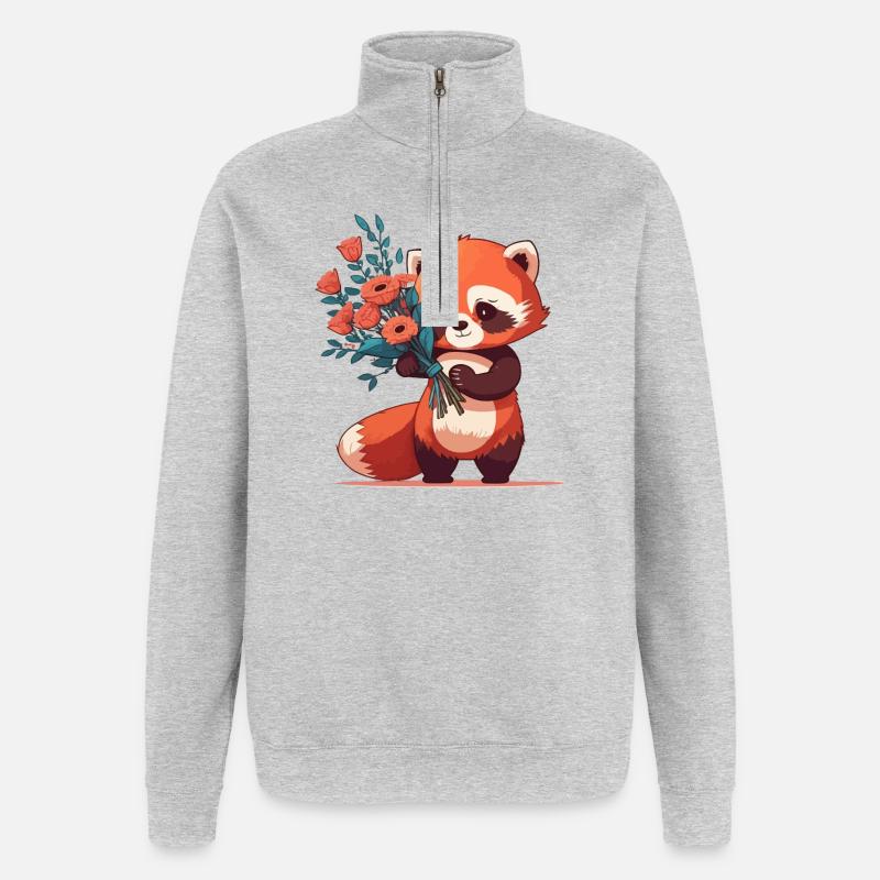 Panda roux à fleurs - Sweat à zip 1/4 - gris chiné