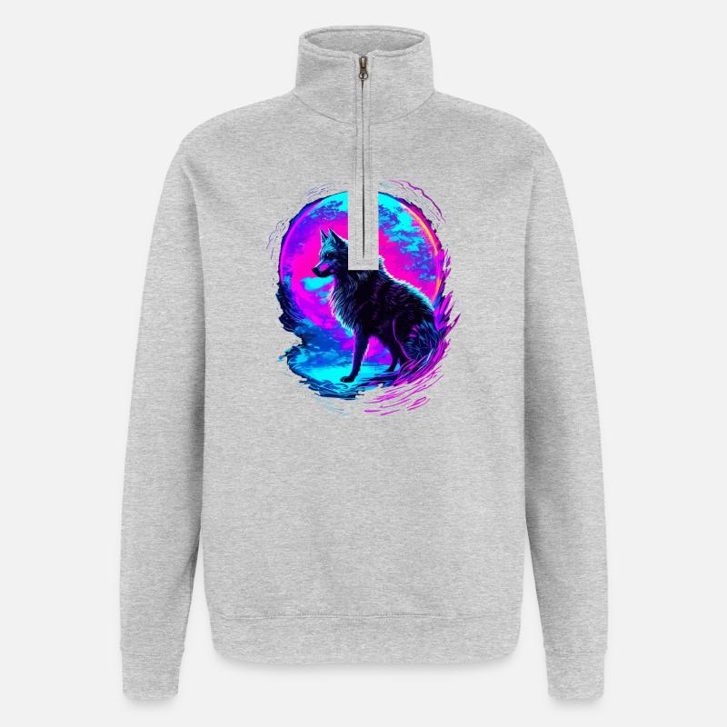 Wolf Neon Moon Synthwave - Quarter-Zip-Sweatshirt - Grau meliert