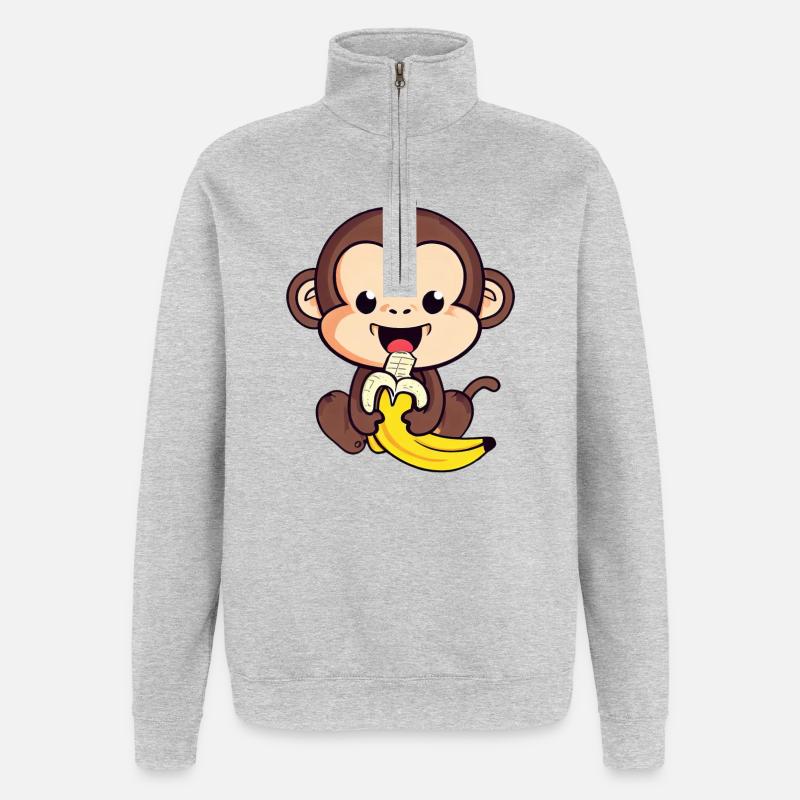 cute monkey eats a banana - Quarter-Zip Sweatshirt - heather grey