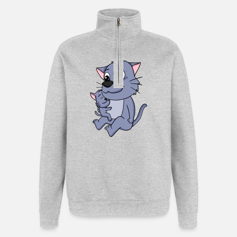 Famille de chats - Chat avec bébé - Sweat à zip 1/4 - gris chiné