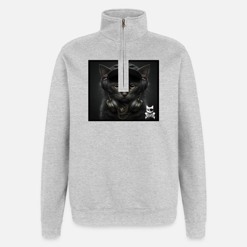 Katzen DJ mit Kopfhörern - Quarter-Zip-Sweatshirt - Grau meliert