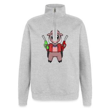 Tankwart Wildschwein Tankstelle - Quarter-Zip-Sweatshirt - Grau meliert - Vorne - AI Model Female 172 light (172cm) & AI Model Male 178 dark (178cm)