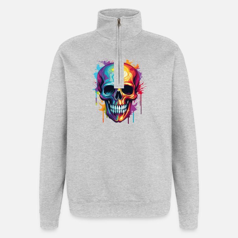 Psychedelischer Rainbow Farbschädel  - Quarter-Zip-Sweatshirt - Grau meliert