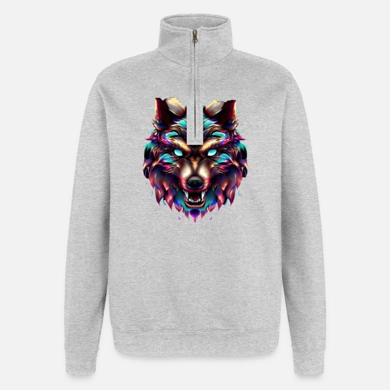 Wolf’s Head Synthwave Wolf - Sweat à zip 1/4 - gris chiné
