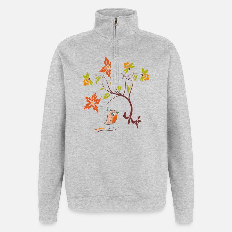 Blumenranke mit Vögelchen - Quarter-Zip-Sweatshirt - Grau meliert