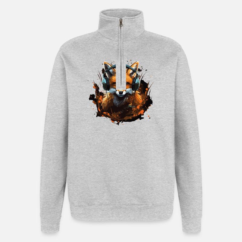 Fuchs mit Kopfhörer Splatterkunst - Quarter-Zip-Sweatshirt - Grau meliert