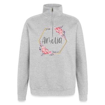 Amelia fille nom cadeau de bébé - Sweat à zip 1/4 - gris chiné - Devant - AI Model Female 172 light (172cm) & AI Model Male 178 dark (178cm)