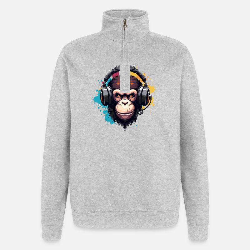 Affe mit Kopfhörer Tier Schimpanse Affen - Quarter-Zip-Sweatshirt - Grau meliert