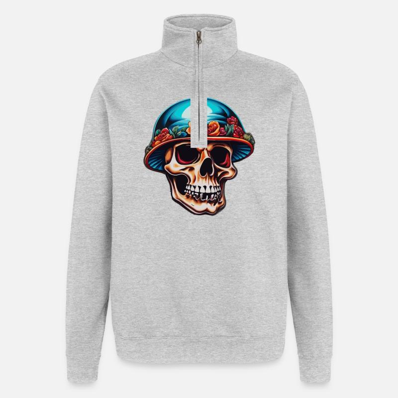 Totenkopf mit Pilzhut - Quarter-Zip-Sweatshirt - Grau meliert