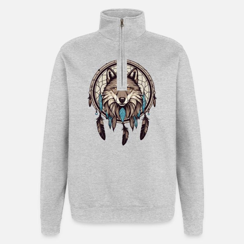 Traumfänger mit Wolf - Quarter-Zip-Sweatshirt - Grau meliert