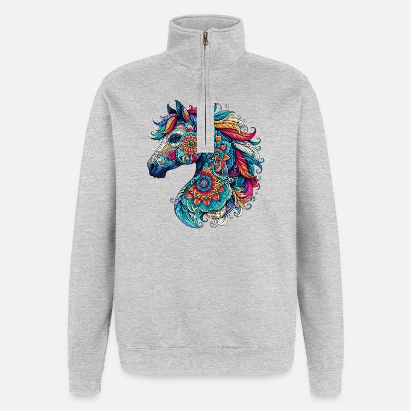 Pferd mit Mandalas verziert - Quarter-Zip-Sweatshirt - Grau meliert