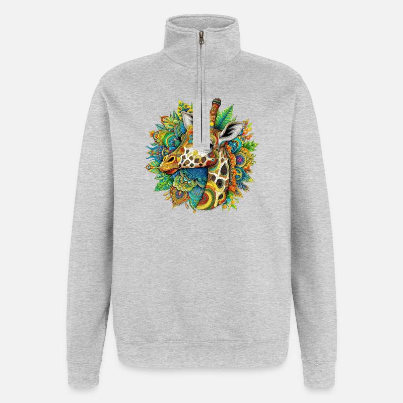 Giraffe mit Mandalas verziert - Quarter-Zip-Sweatshirt - Grau meliert