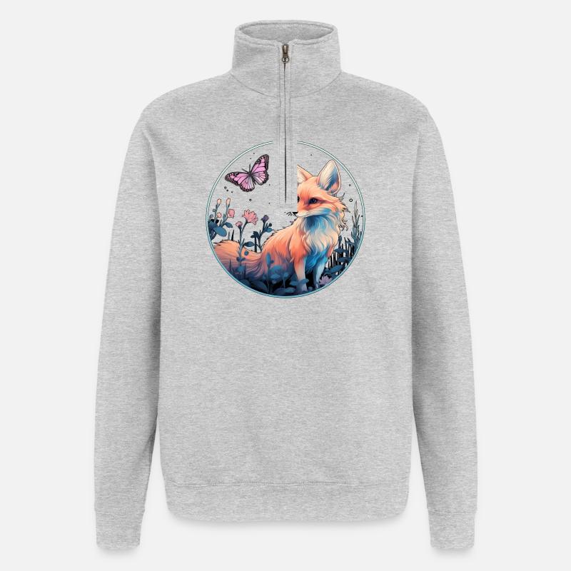 Fuchs mit Schmetterling - Quarter-Zip-Sweatshirt - Grau meliert