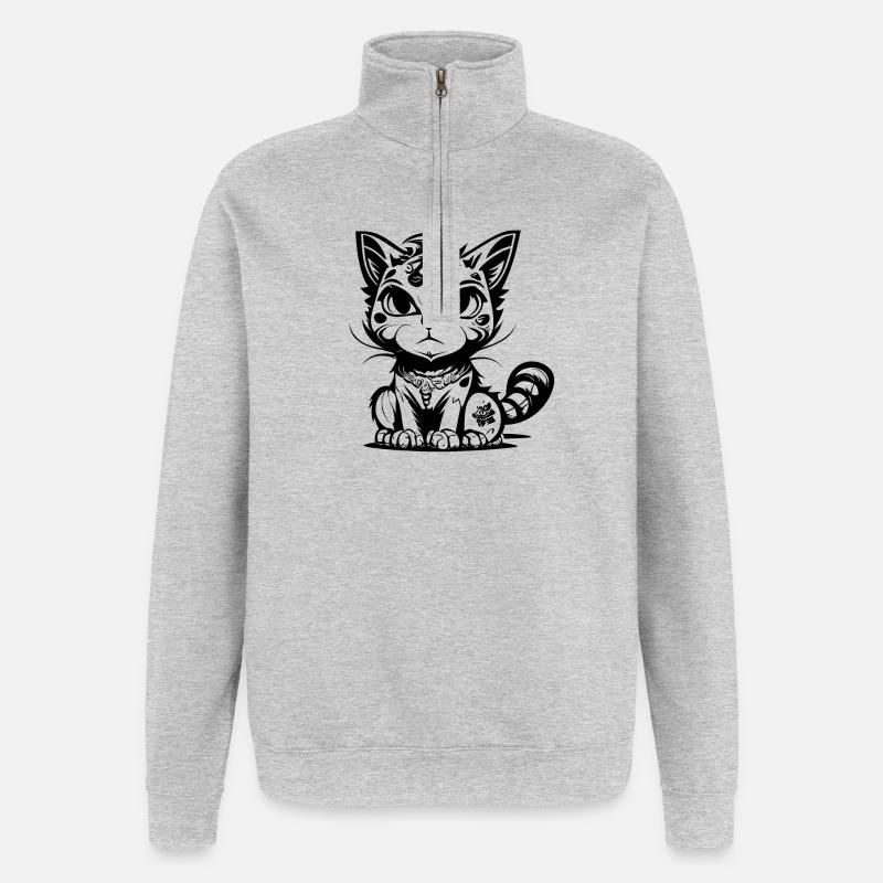 Mignon assis Manga Comic Cat - Sweat à zip 1/4 - gris chiné