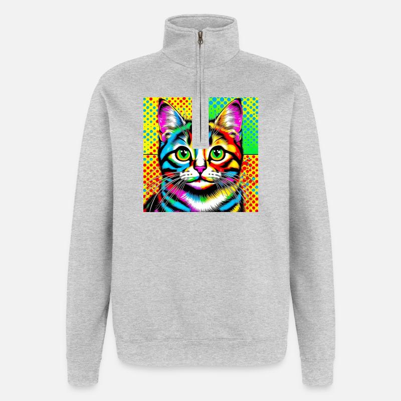 Chat Pop Art - Sweat à zip 1/4 - gris chiné