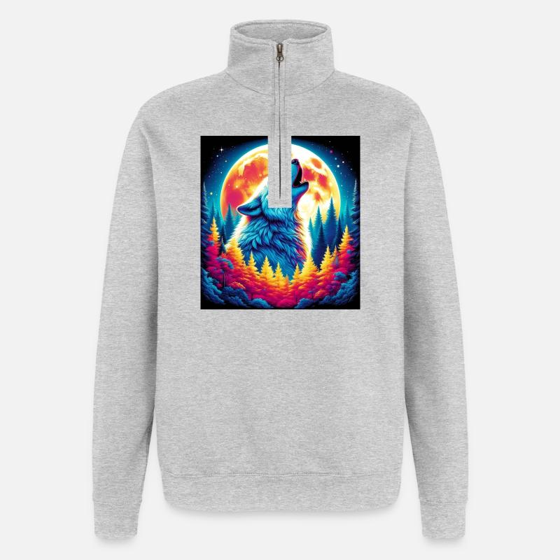 Wolf heult den Mond an - Quarter-Zip-Sweatshirt - Grau meliert