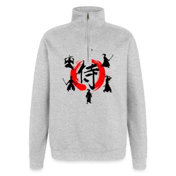 Enso-Zen-Kreis mit Samurai - Quarter-Zip-Sweatshirt - Grau meliert - Vorne - AI Model Female 172 light (172cm) & AI Model Male 178 dark (178cm)