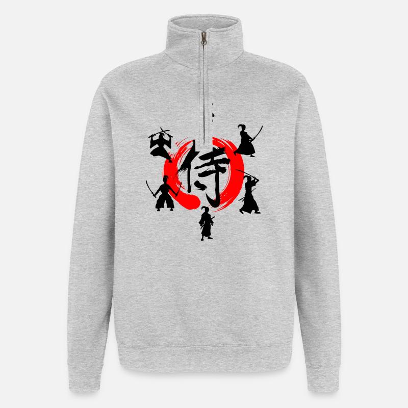 Enso-Zen-Kreis mit Samurai - Quarter-Zip-Sweatshirt - Grau meliert