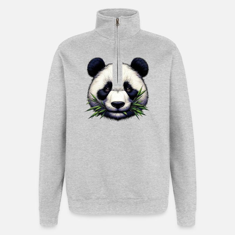Panda spiser bambus og blade - Sweatshirt med 1/4 lynlås - grå meleret