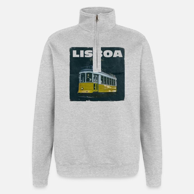 Tramway jaune de Lisbonne rétro - Sweat à zip 1/4 - gris chiné